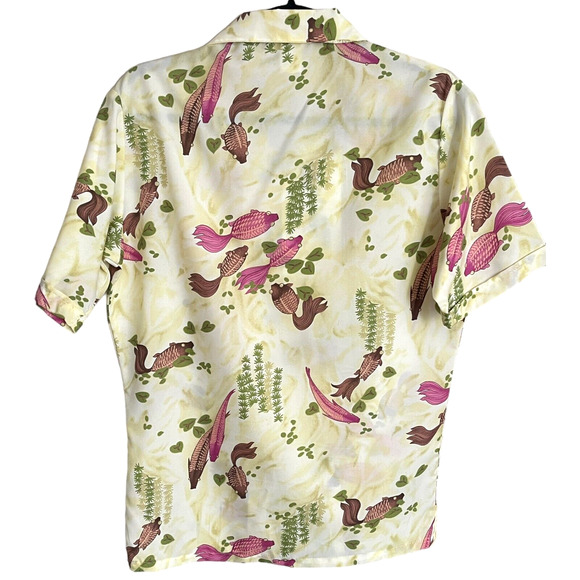 Vintage 70s Montgomery Ward Novelty Print Yellow Funky Shirt Fuschia Fish Medium - Picture 4 of 4